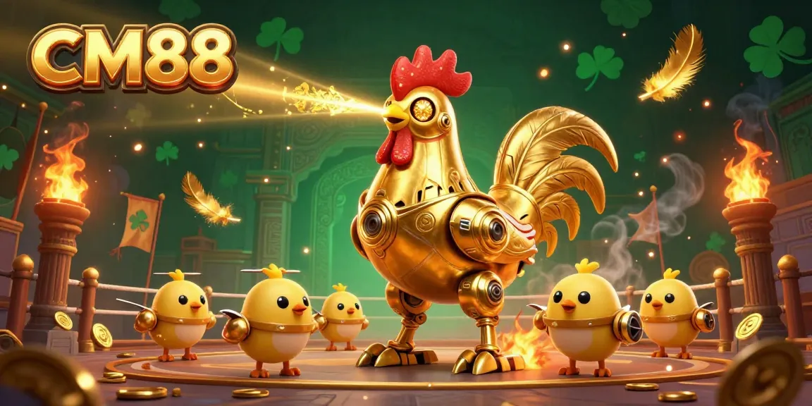 Engage with CM88's thrilling gaming adventure featuring a golden rooster robot and baby chick drones.