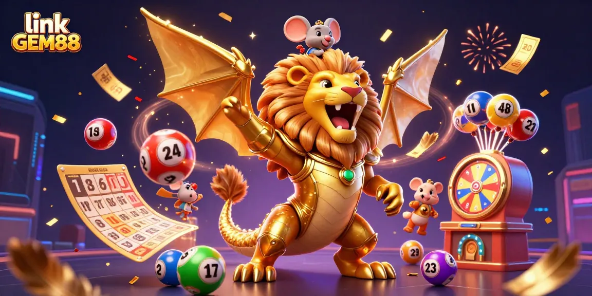 Experience excitement with link GEM88 in this vibrant casino illustration featuring dynamic lottery elements.