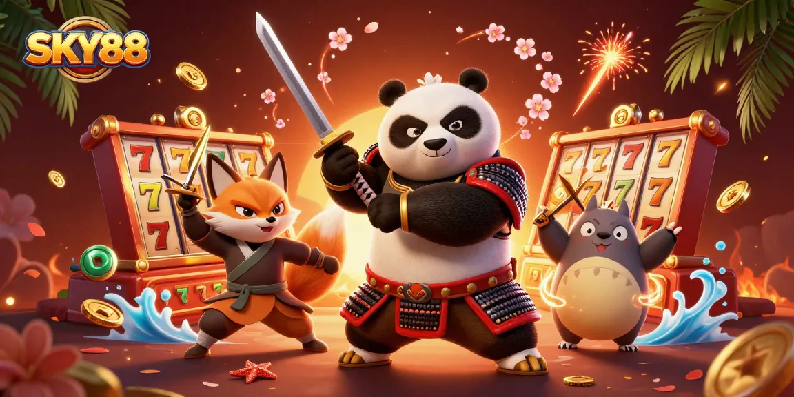 Experience immersive gaming with SKY88 in a dynamic casino scene featuring spinning slot reels and engaging characters.