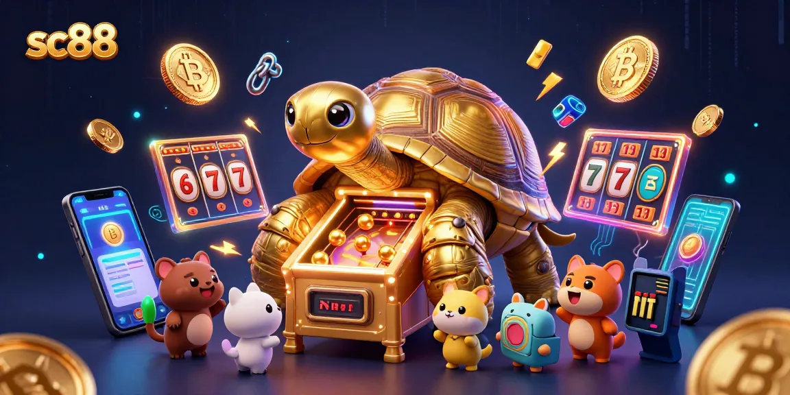 Action-packed sc88 themed illustration of a golden tortoise pinball machine surrounded by vibrant gambling elements.