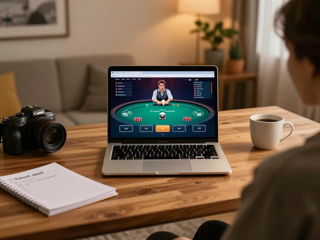 Engaging with jogoluck platform on a laptop, experiencing online poker in a cozy home environment.