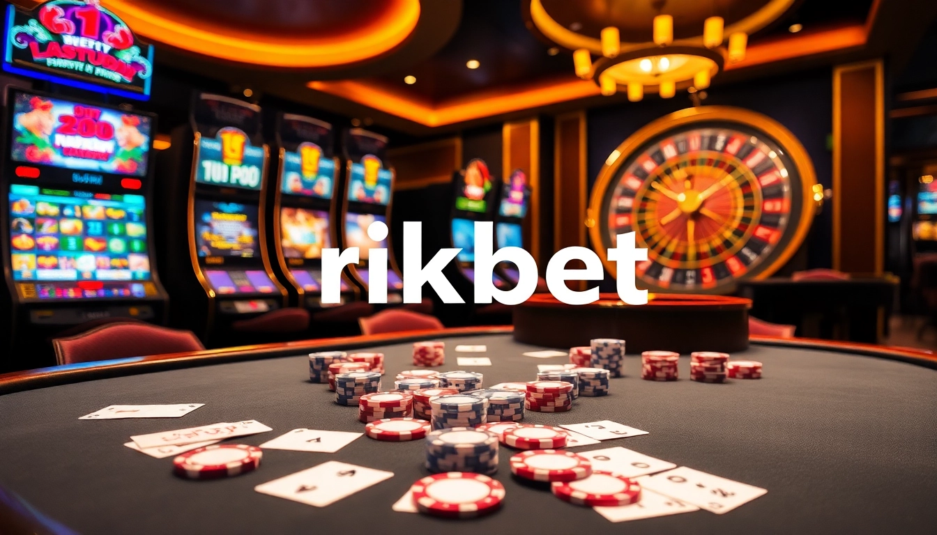 Exciting poker action at the rikbet casino table, vibrant chips and cards featured.