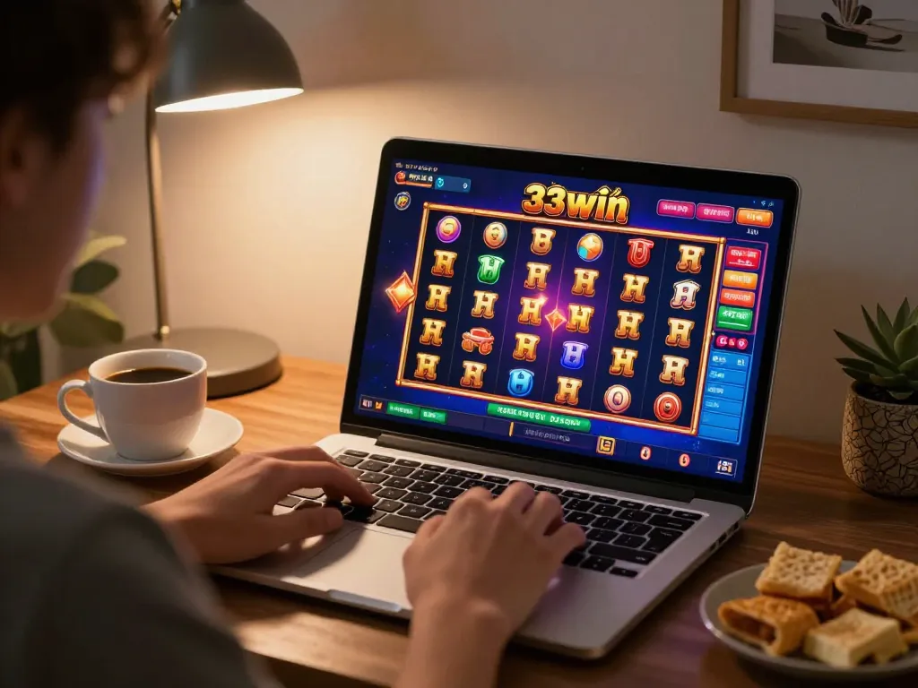 Engage with nổ hũ 33win action on a laptop, vibrant slot game display in a cozy home.