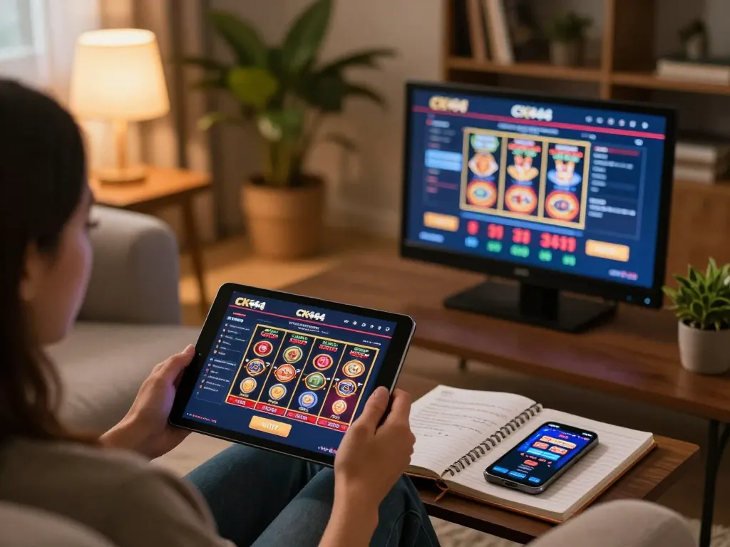 Engaging in online casino gameplay on CK444 platform using a tablet for responsible gaming.