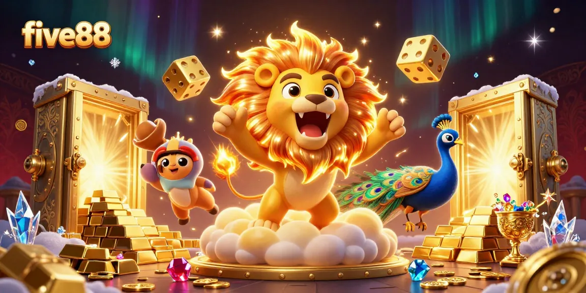 Experience the allure of five88 with a vibrant 3D casino scene filled with interactive game elements.