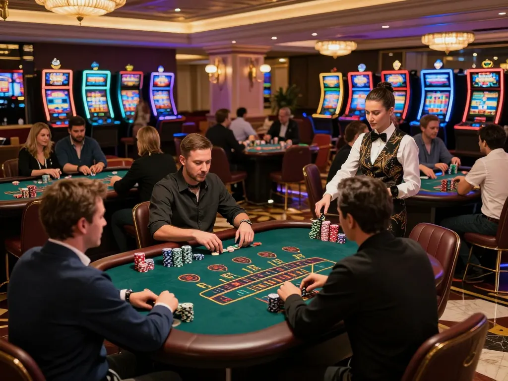 Players strategizing at Go8 blackjack table in upscale casino, vibrant atmosphere showcasing action.