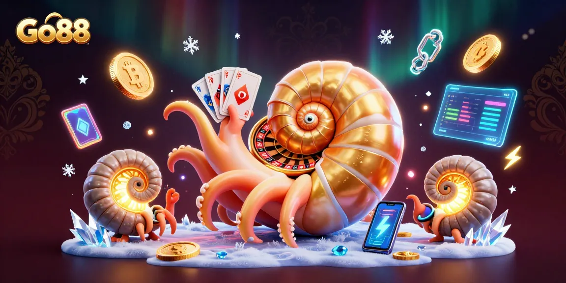 Go88's vibrant 3D illustration features ancient nautilus holding cards, surrounded by crypto coins.