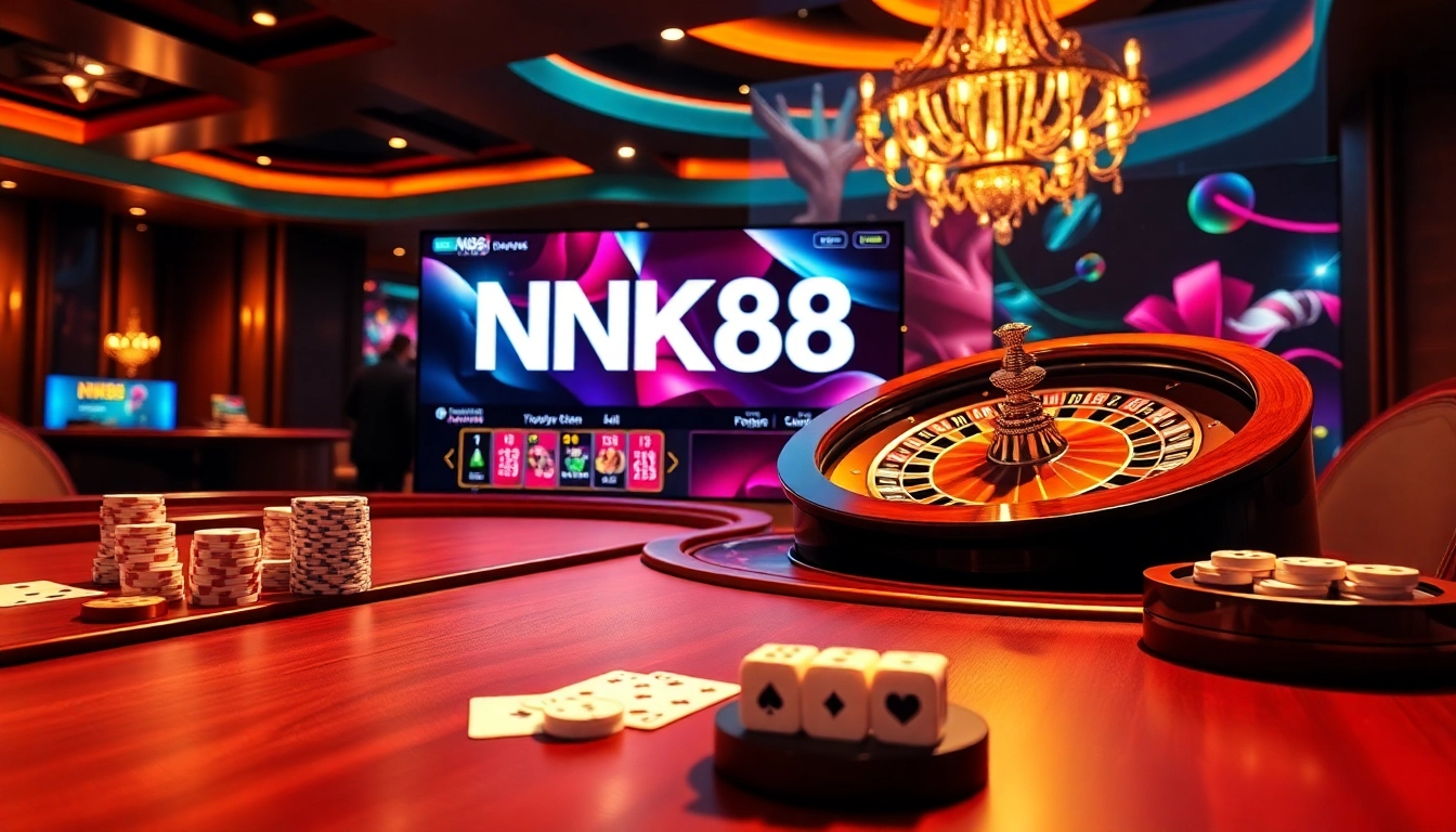 Experience NK88 online betting with vibrant casino visuals featuring poker chips and roulette wheels.