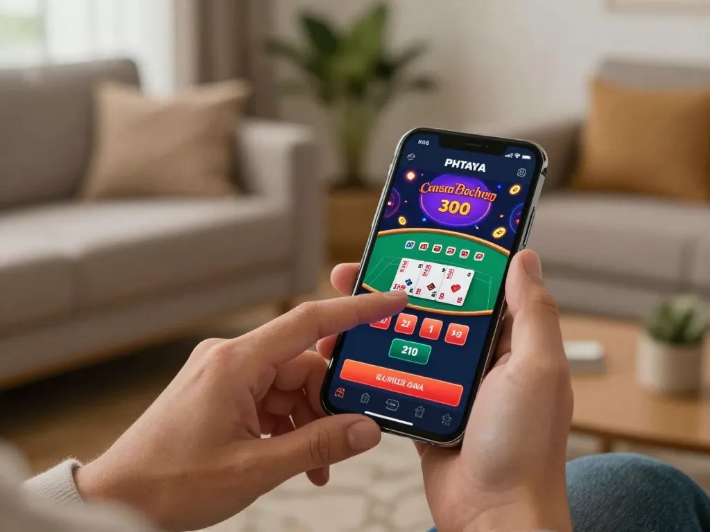 Engaging with PHTAYA app for live dealer betting in a cozy home setting.