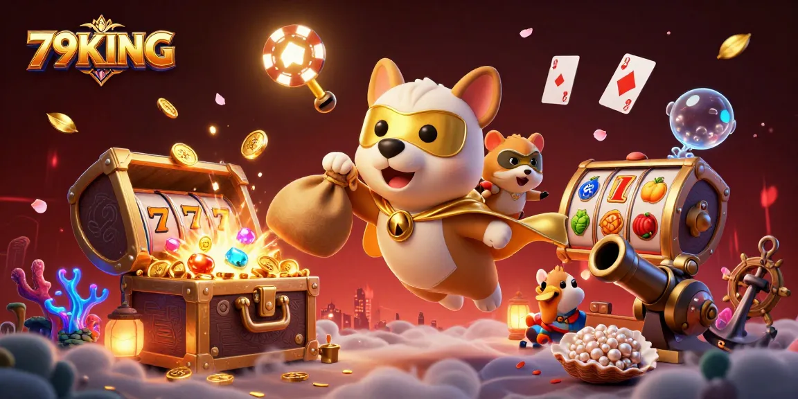 79KING brings excitement with a 3D cartoon hero dog soaring over a dynamic casino scene.