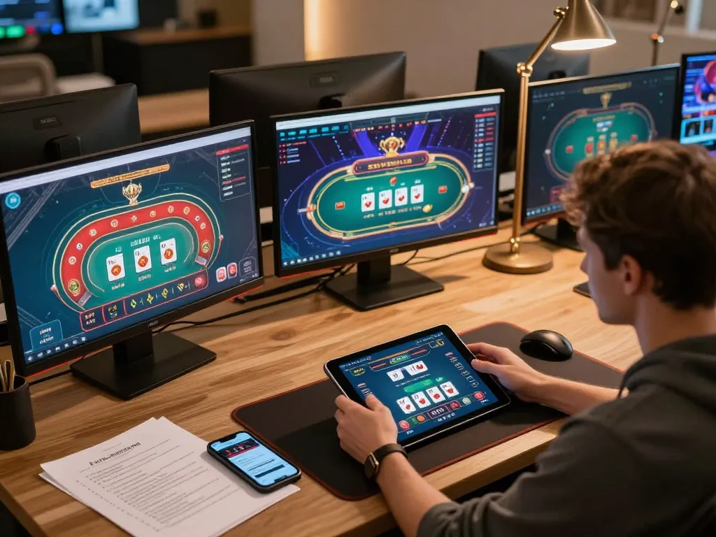 Engaged user playing fun79 online casino games on multiple screens, showcasing strategic gameplay.