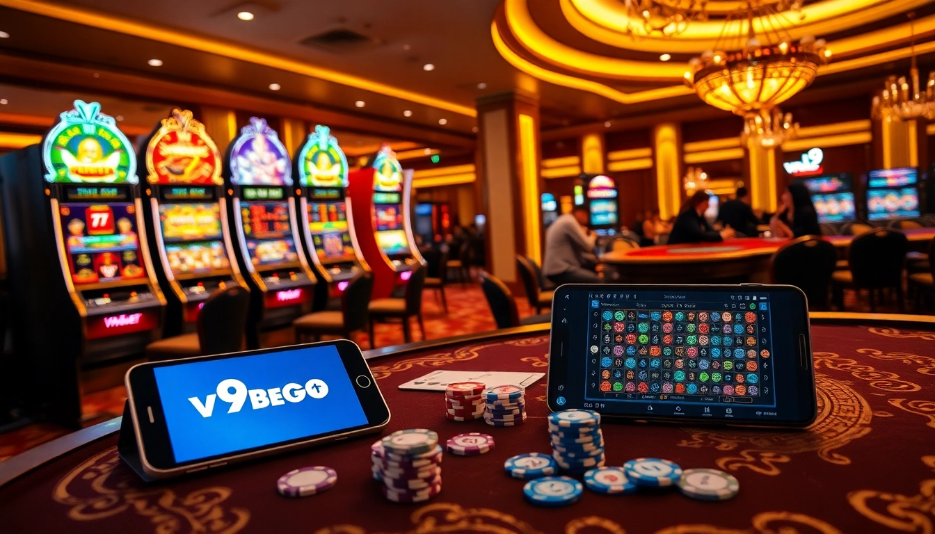 Experience thrilling gaming action with v9bet đang nhập as vibrant slot machines dazzle in a luxurious casino.