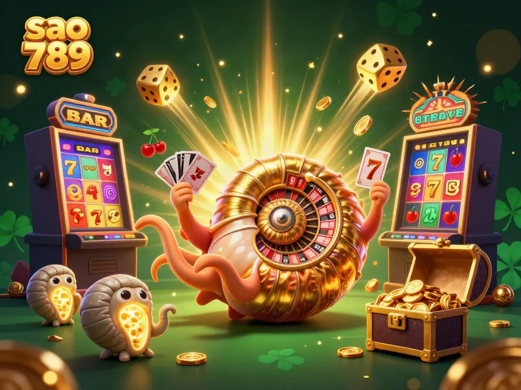Sao 789 features a vibrant 3D scene with a giant nautilus roulette wheel and slot machine jackpot.