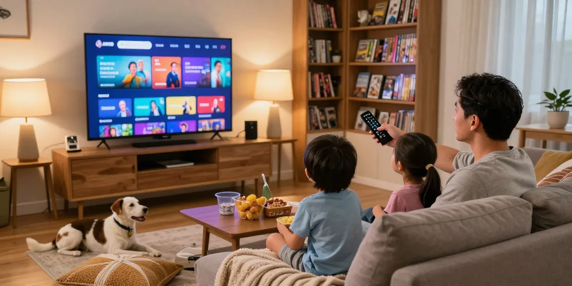 Família desfrutando de IPTV em sala de estar aconchegante com telas vibrantes.