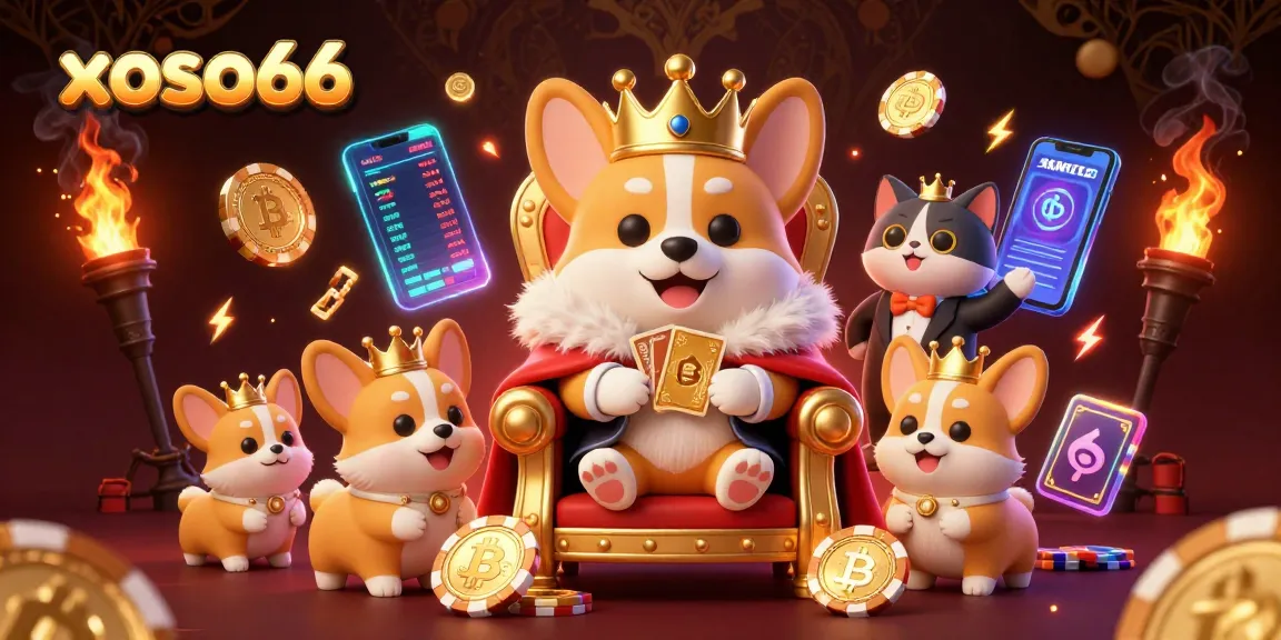 Join xoso66 in a vibrant gaming scene with a royal corgi, presenting golden cards in an ultra-detailed 3D casino environment.