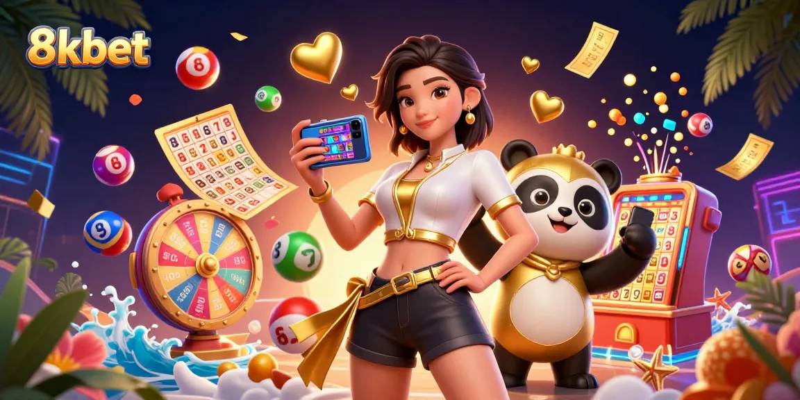 Engage with 8kbet's vibrant online casino gaming scene featuring a smartphone, golden elements, and festive lottery balls.