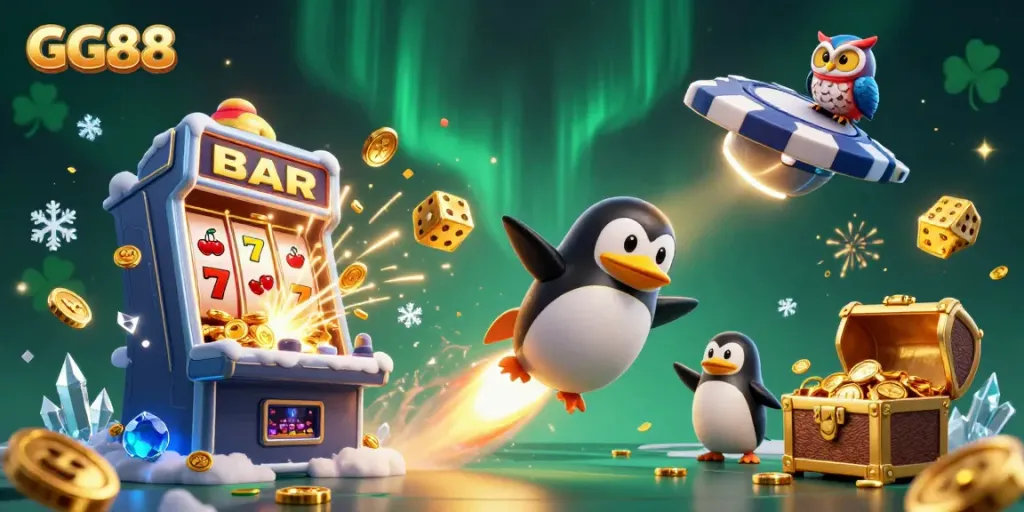 Experience the excitement of GG88 with a cartoon penguin and casino elements in 3D space.