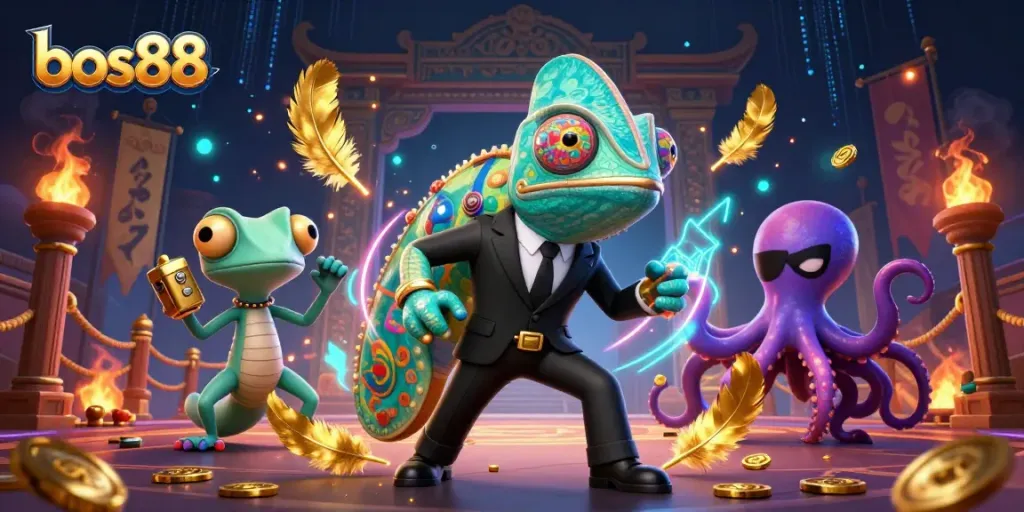 Experience the thrill of bos88 with dynamic characters immersed in a rich casino battle scene.
