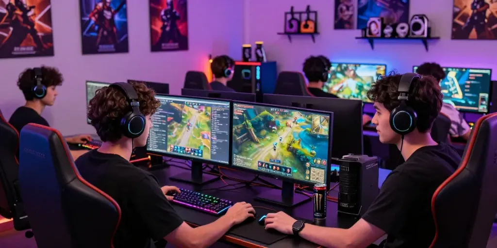 Người chơi game tại studio hiện đại với thiết bị chơi game cao cấp và đồ họa sống động từ f168.