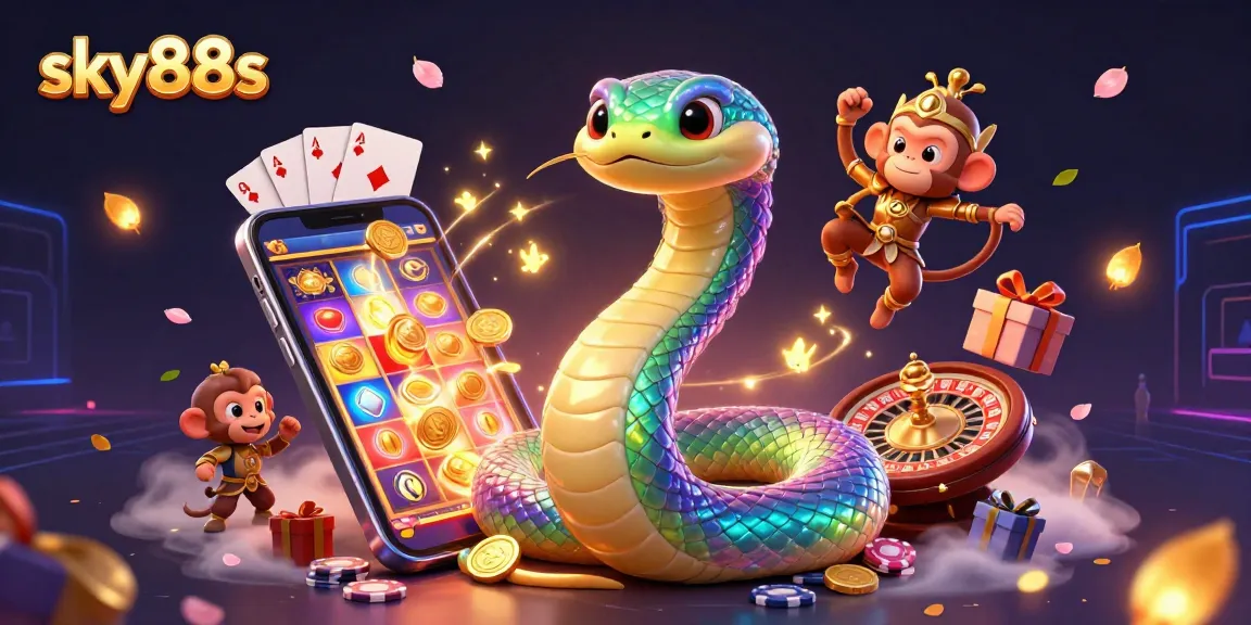 Engage with sky88s' colorful slot games as a rainbow serpent coils and a monkey king plays.