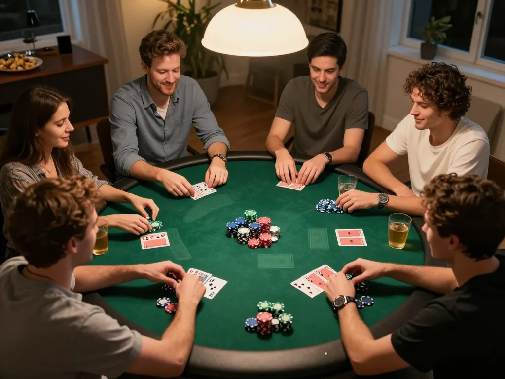 Engaging poker gameplay with friends during a cozy home night, highlighting oxbet game strategies and excitement.