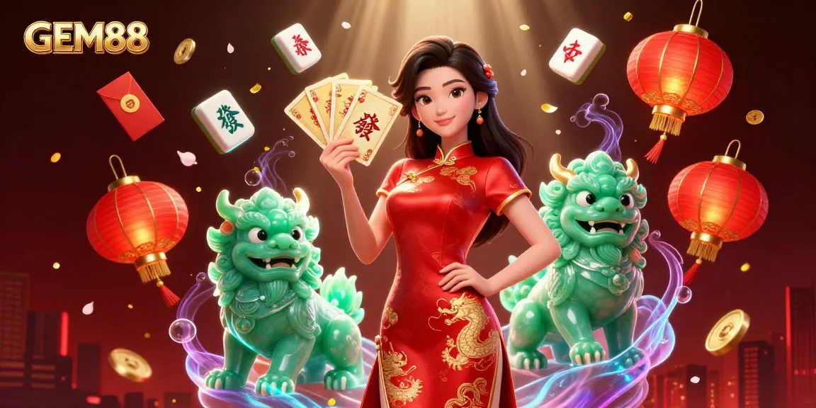 GEM88 offers thrilling gaming action with colorful illustrations of live casino elements and lucky symbols.