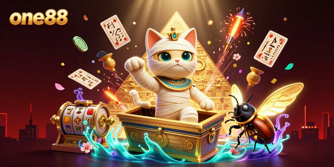 Experience the thrilling excitement of one88 in this vibrant 3D scene featuring a mummy cat and glowing elements.