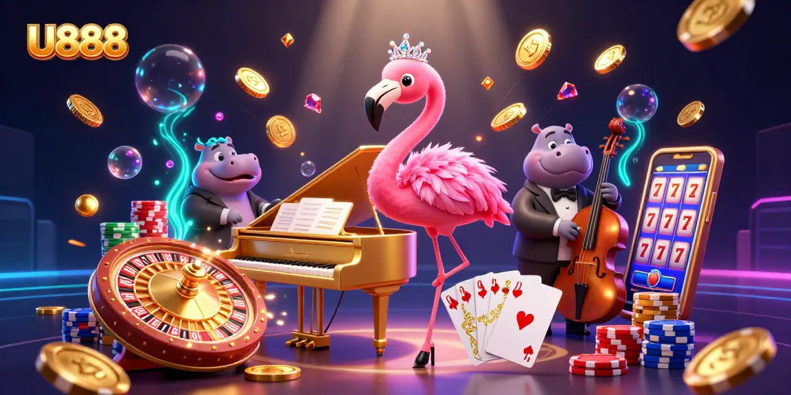 Bet on U888 with vibrant casino-themed scene featuring a flamingo singer and hippo bassist.