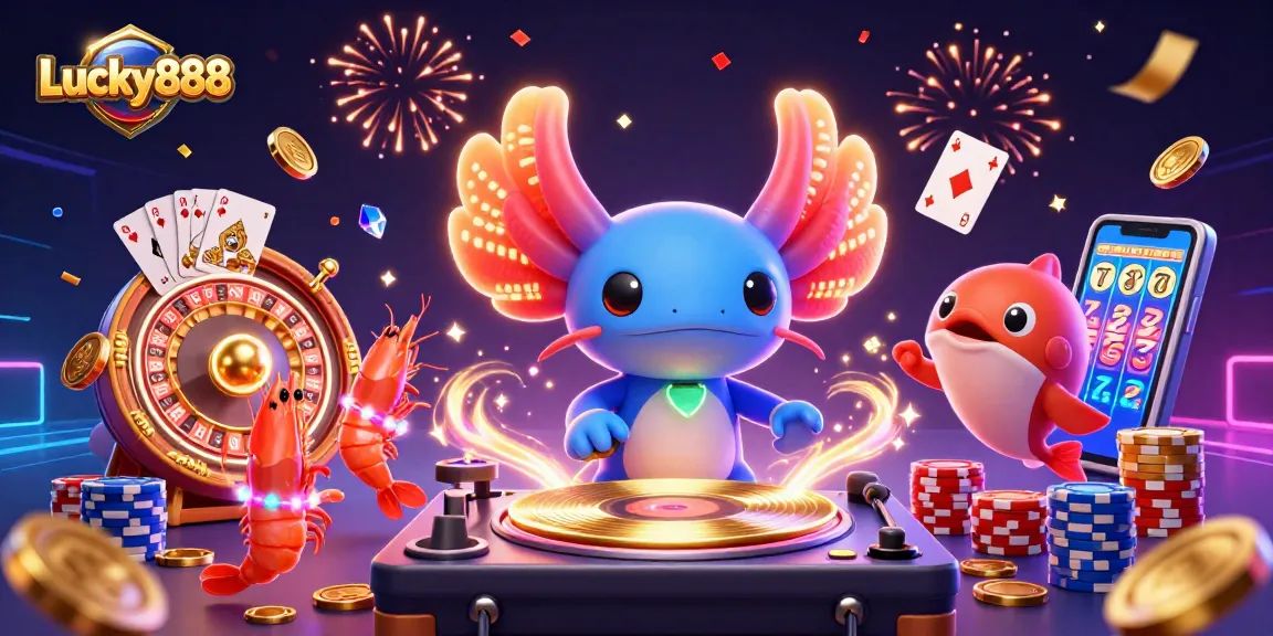 Experience the vibrant world of Lucky888 with an energetic illustration of a DJ axolotl and festive sea creatures.