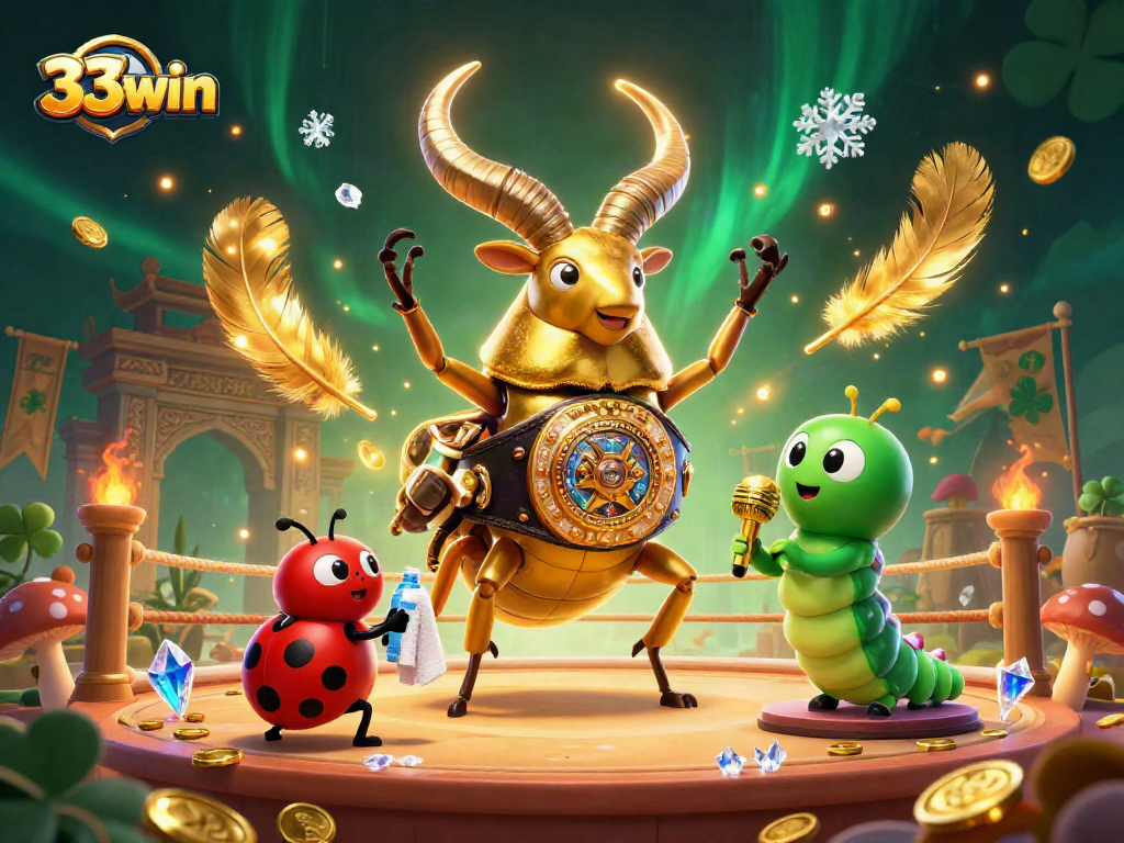 Experience elite gambling action with 33win featuring a giant beetle champion and vibrant casino elements.