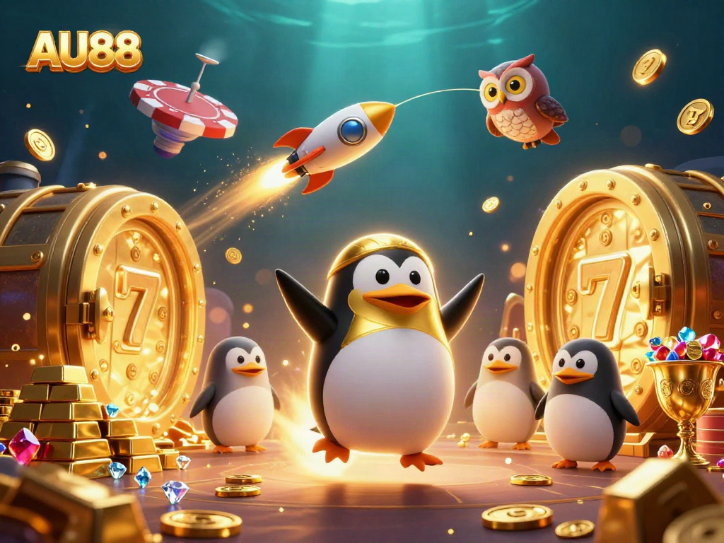 Experience the excitement of AU88 with a golden penguin and treasure-filled casino space in this vibrant illustration.