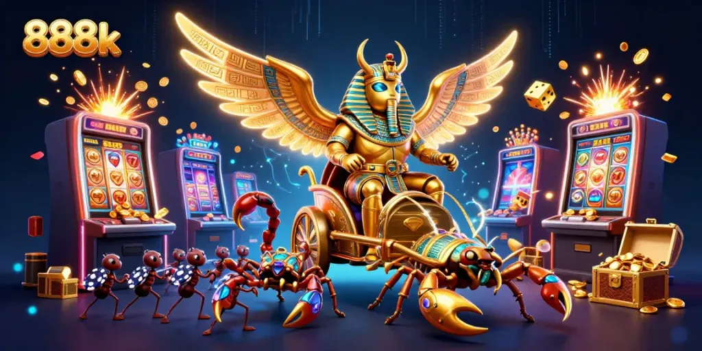 Experience the festive jackpot excitement at 888k with a vibrant scene featuring a colossal scarab beetle!