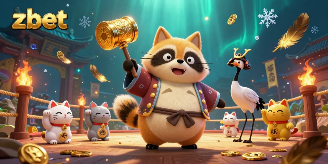 Zbet offers exciting online gaming fun with a cheerful tanuki and colorful fortune cats in a vibrant casino scene.