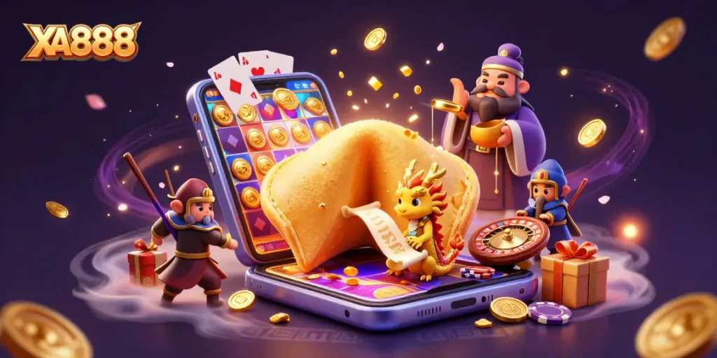 Engage with the exciting world of XA888 through a vibrant 3D casino scene full of dynamic gaming elements.