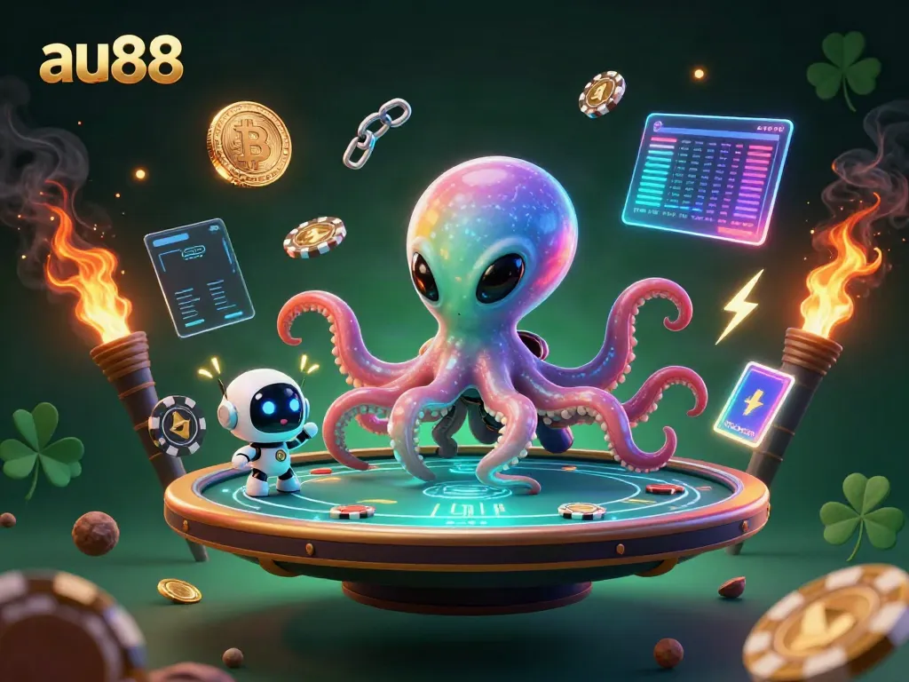 Engage in thrilling poker action with au88's vibrant alien octopus and robot at a holographic table.