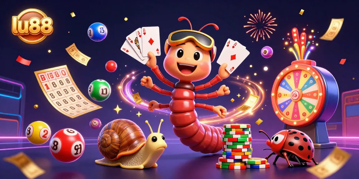 Experience vibrant gameplay at lu88 with a cartoon millipede dealer and colorful lottery elements.