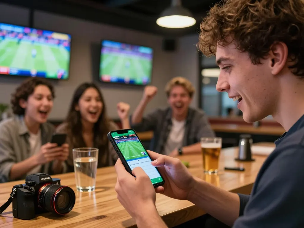 Player actively placing a bet on TG88 sports betting app in a lively bar setting