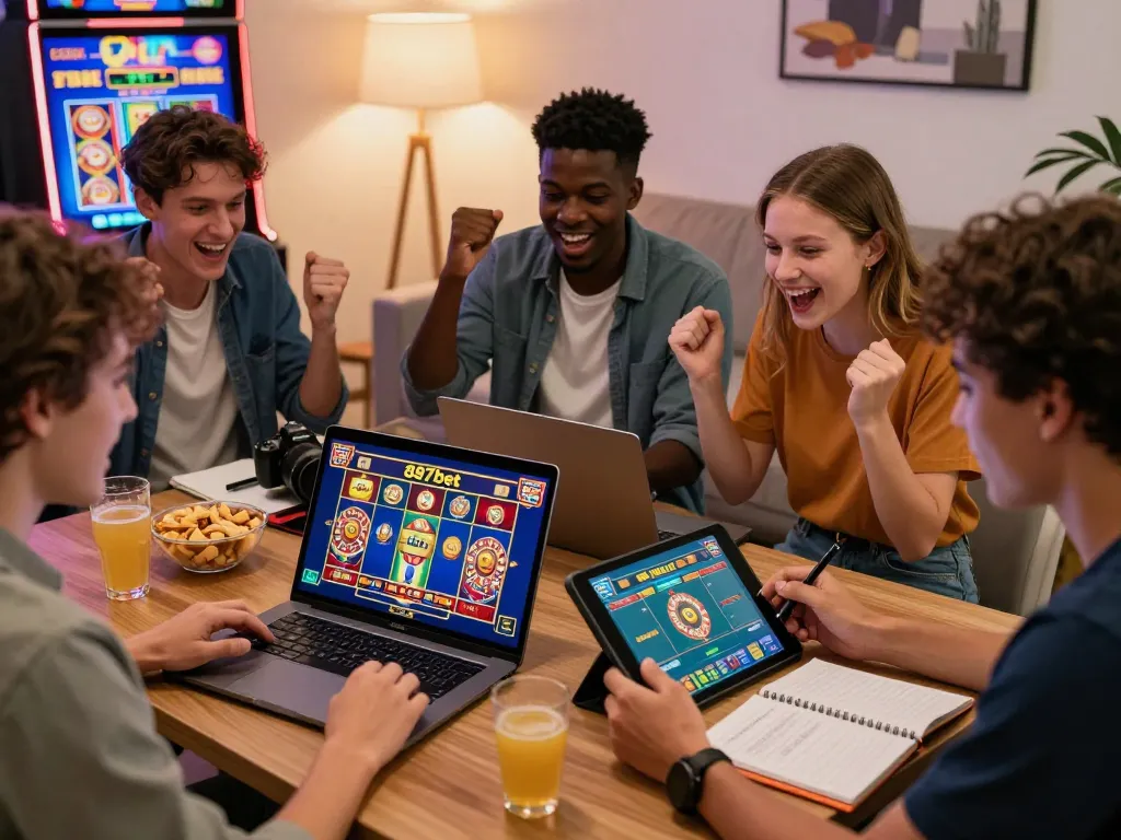 Friends enjoying a vibrant gaming experience on 887bet's platform at home, celebrating wins and strategizing together.