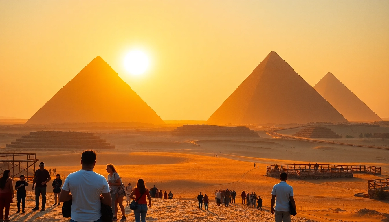 Capturando los majestuosos piraminds de Giza bajo un atardecer dorado.