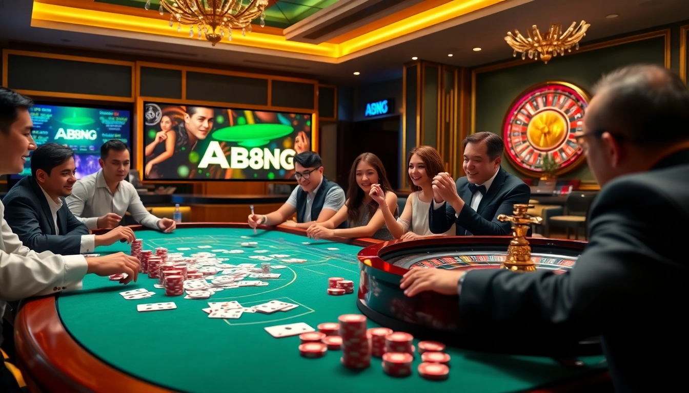 Jogadores participando de um jogo empolgante em uma mesa de cassino AA888, exibindo fichas de poker vibrantes e cartas.