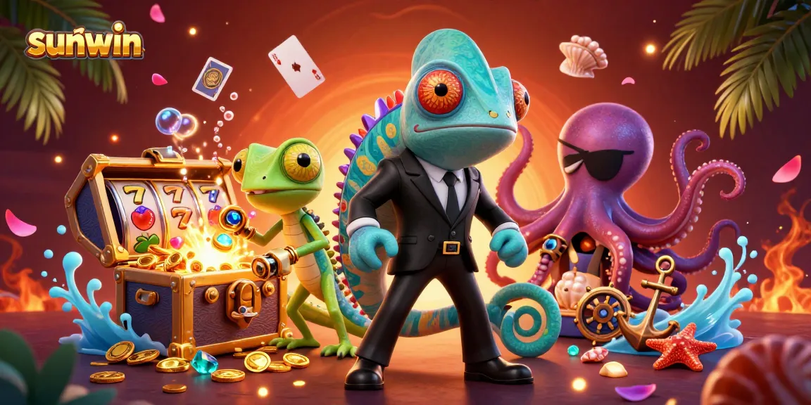 Experience the thrill of sunwin with a vibrant 3D casino scene featuring secret agent chameleon and underwater treasures.