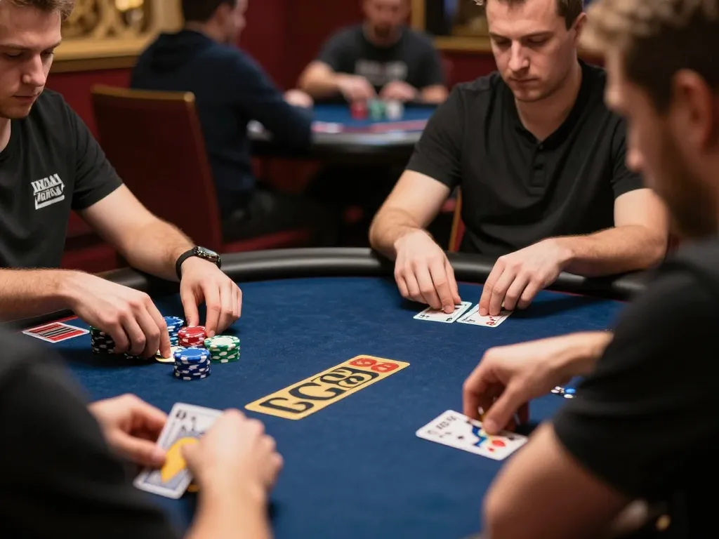 Players engage in a high-stakes poker game at GG88, showcasing focused expressions and intense gameplay.