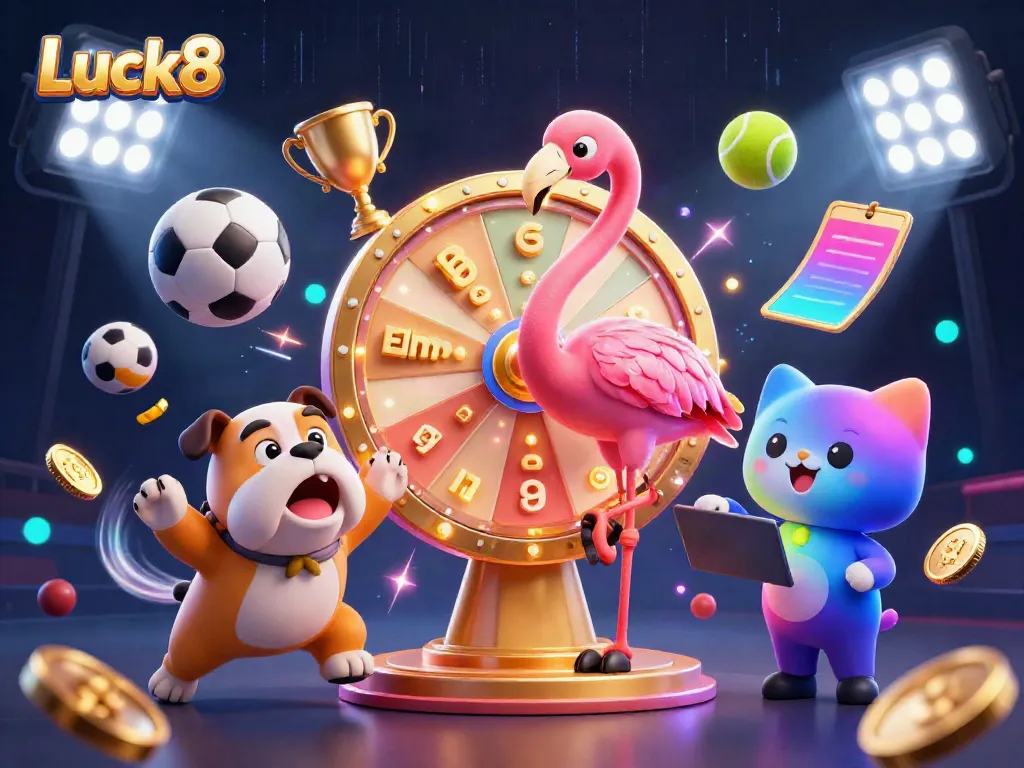 Experience the excitement at Luck8 with a vibrant illustration of games and prizes.