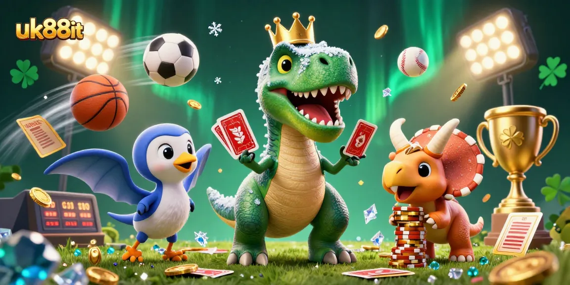 Experience exciting action at uk88it with a friendly T-Rex shuffling cards among flying sports balls and golden chips.
