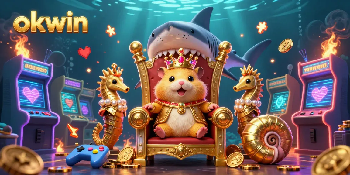 Immerse in the exciting world of okwin as the golden hamster king rules from his shark throne amidst vibrant casino elements.
