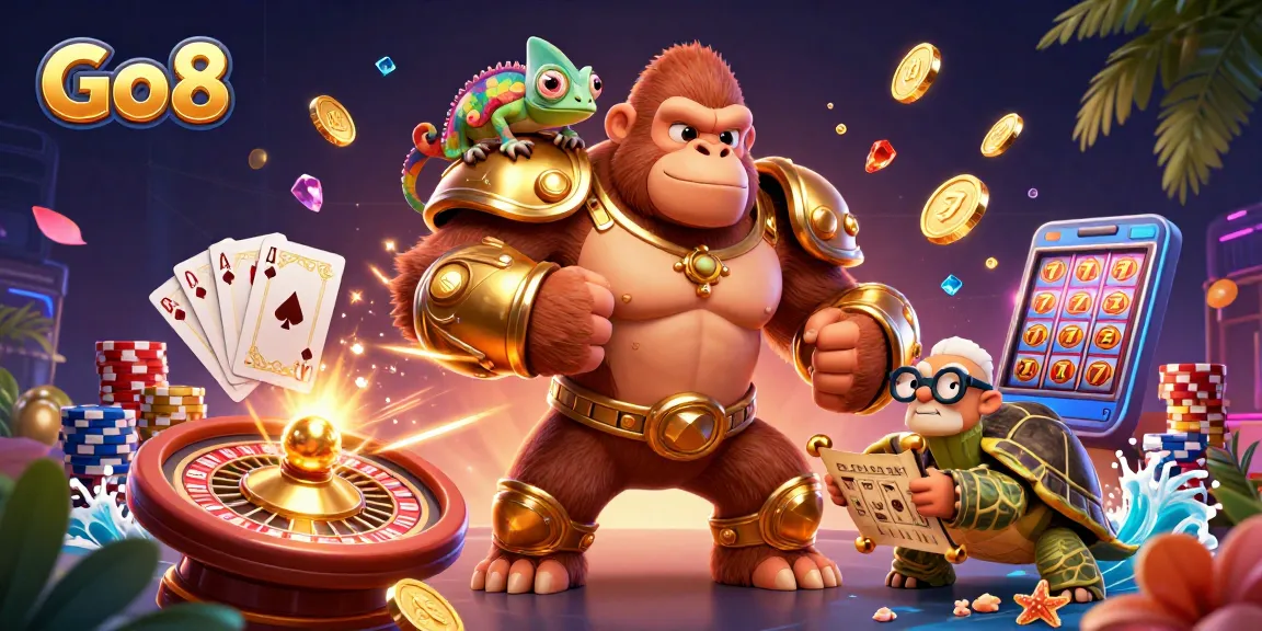 Engage in gaming excitement at Go8 with a dynamic scene featuring a gorilla king and vibrant casino elements.