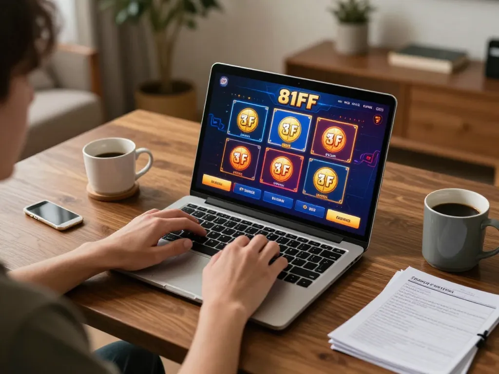 Player engaging with 81FF online slots on laptop, showcasing a strategic home gaming environment