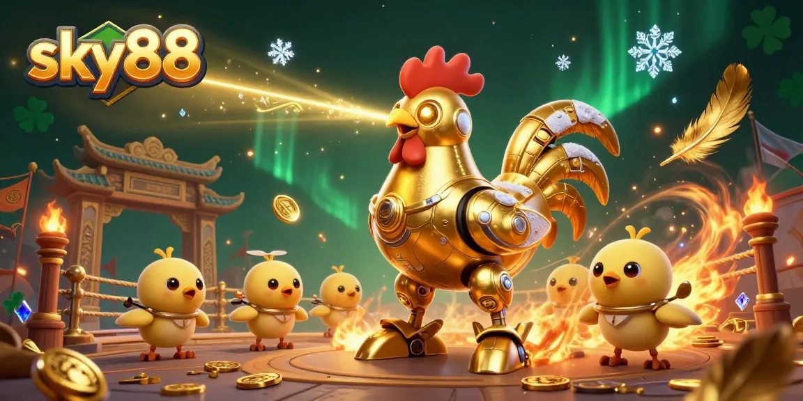 Experience excitement with sky88's golden rooster robot and baby chick drones in a dynamic casino-themed battle.
