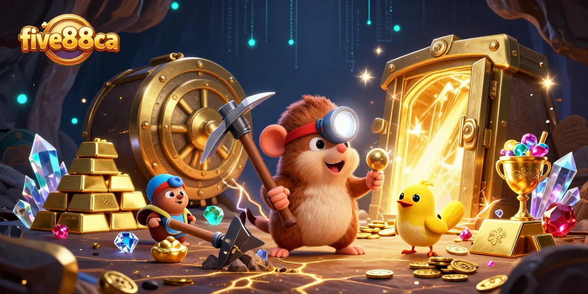 Win big at five88ca with the treasure hunter mole in a vibrant casino illustration full of riches and gems.