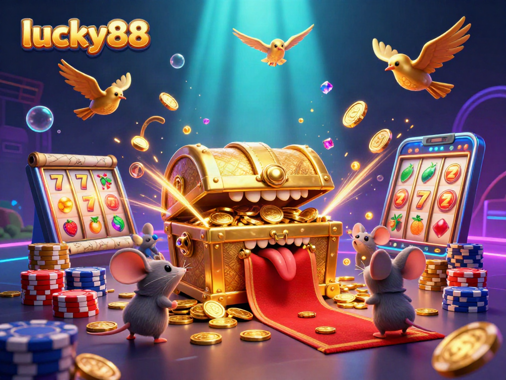 Join the adventure in lucky88 with a treasure chest, vibrant casino elements, and sparkling coins.